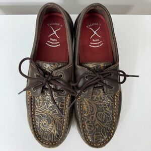 Twisted X Brown Leather Tooled Boat Shoe Driving Mocs Women’s Size 7.5 Western